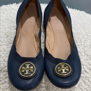 Tory Burch Navy Leather Ballet Flats with Gold Logo Emblem